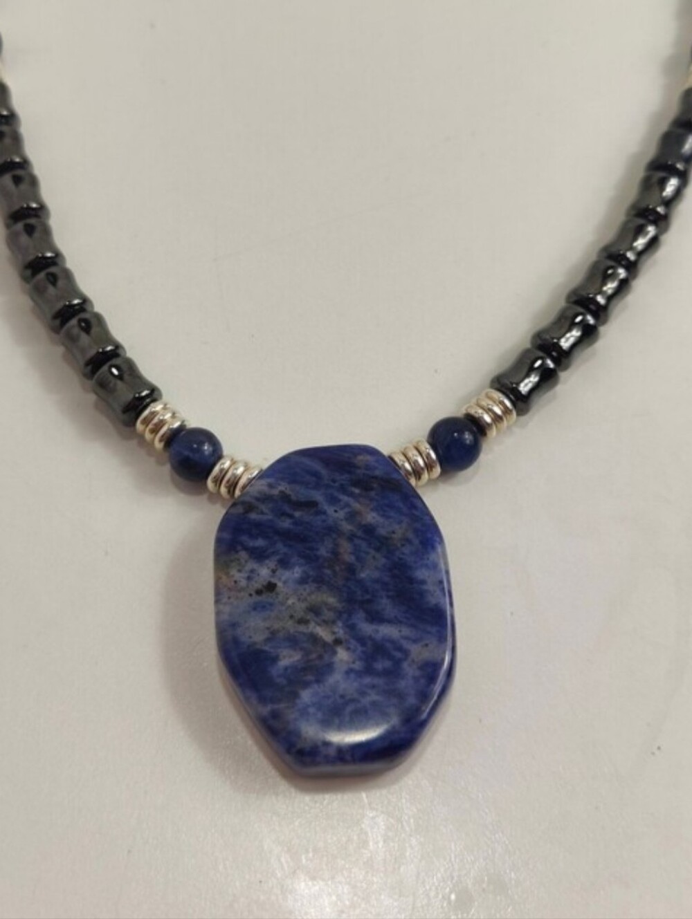 Handcrafted Sodalite Hematite Blue Stone Pendant Magnetic Clasp Necklace